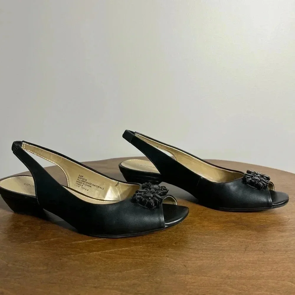 Liz Claiborne Womens Black Peep Toe Slingback Beaded Low Wedge Heels‎ 6.5M